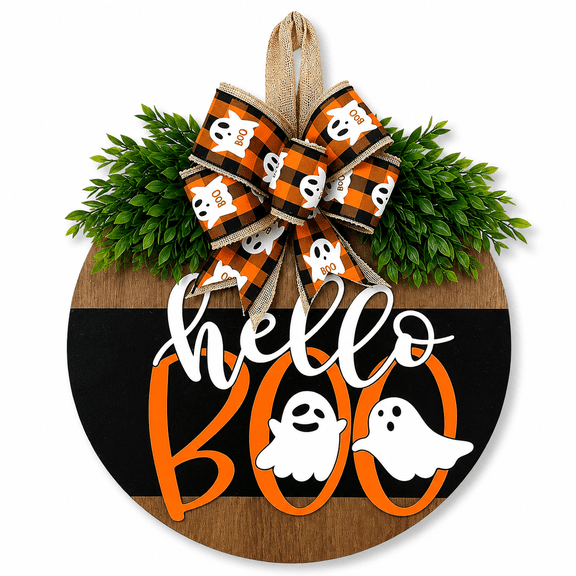 Halloween Ghost Wreath for Front Door, Wooden Ghost Door Sign Hanger, Cute Halloween Door Decor for Porch, Entryway, Wall and Holiday Party Decorations
