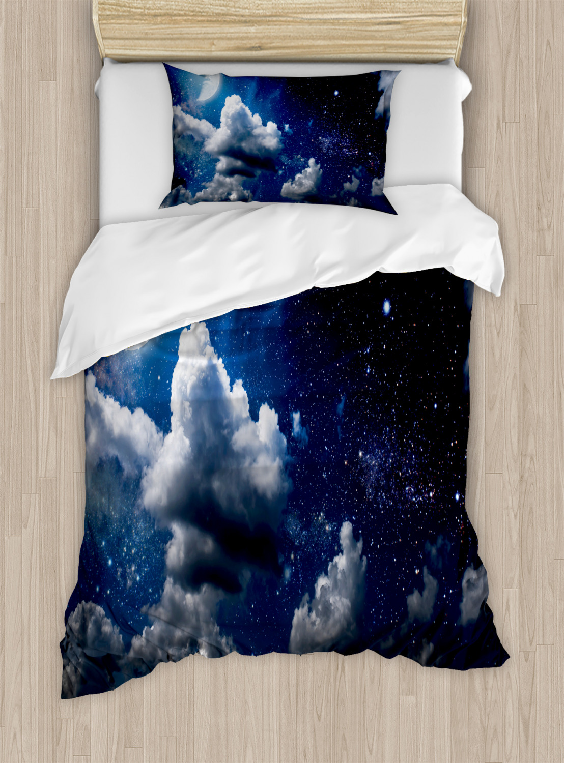 Clouds Duvet Cover Set, Celestial Solar Night Scene Stars Moon and Clouds Heaven Place in Cosmos