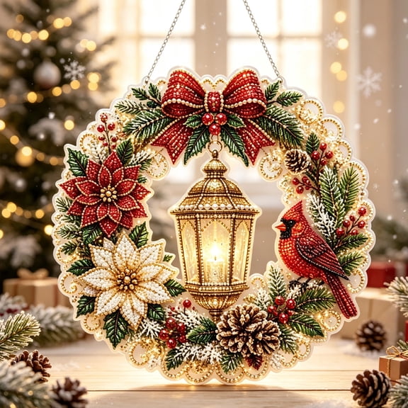 Clthnxya Christmas Bead Diamond Painting Suncatcher Craft Kit, Transparent Hanging Decor for Window Tree Wall