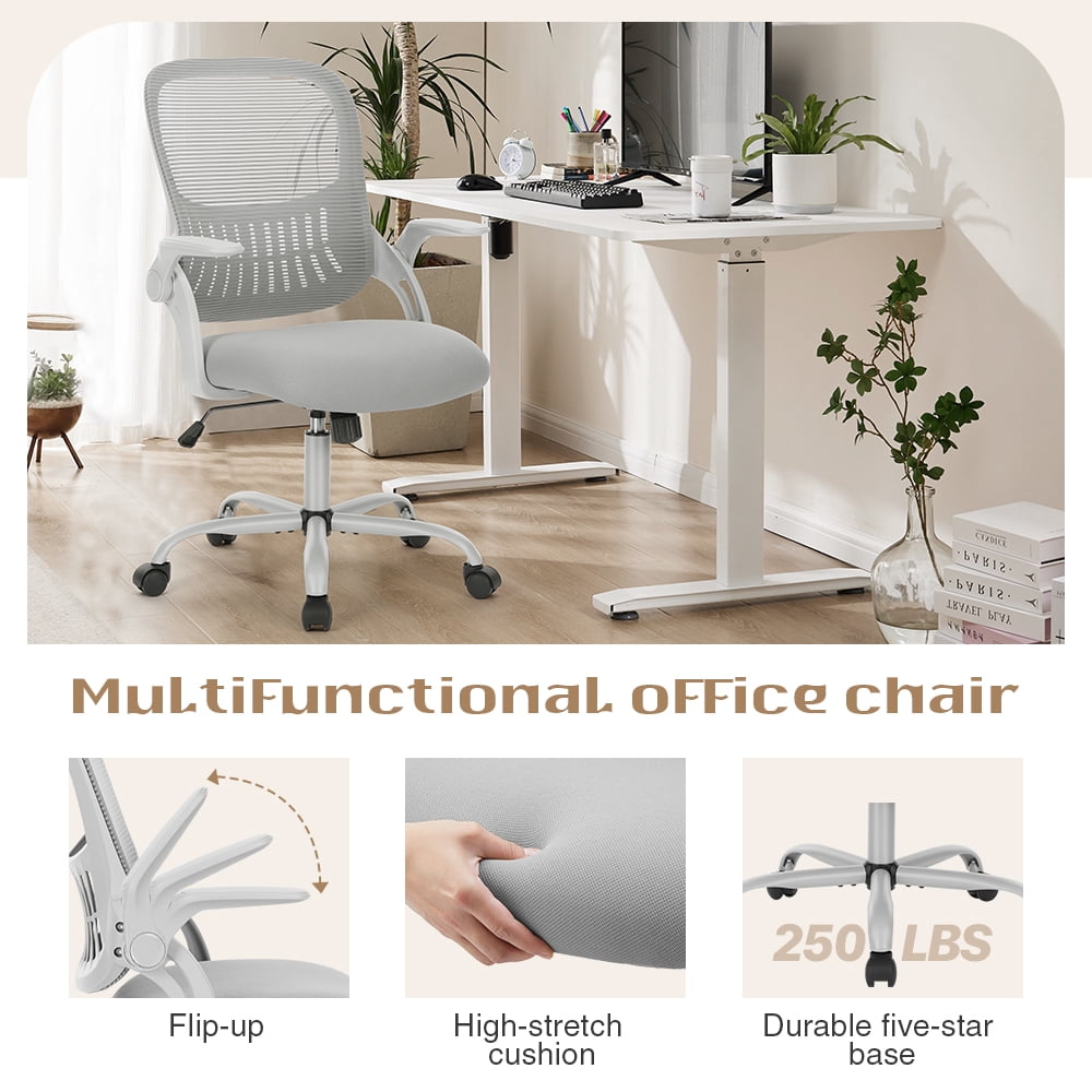 CONCETTA Ergonomic Office Chair with Flip-up Arms & Lumbar Support – Mid-Back Desk Gray