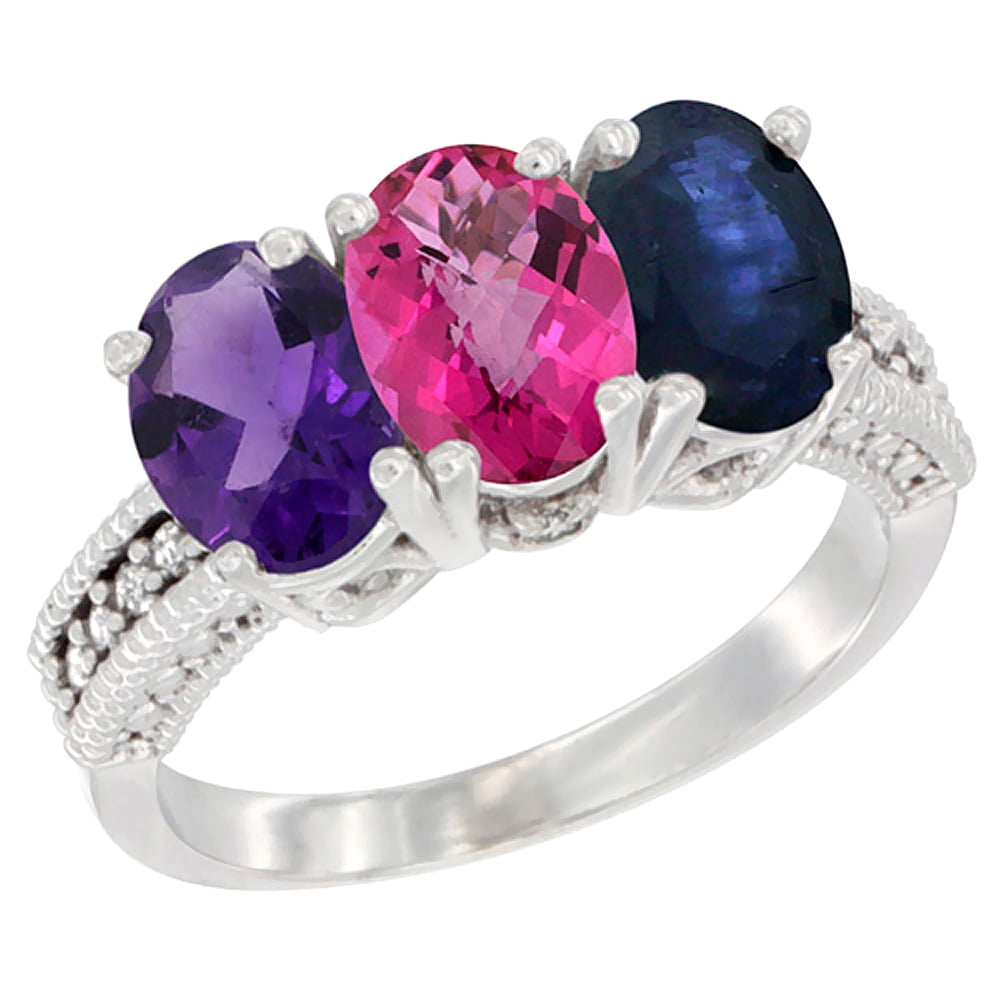 14K White Gold Natural Amethyst, Pink Topaz & Blue Sapphire Ring 3-Stone 7x5 mm Oval Diamond Accent, sizes 5 10 by WorldJewels