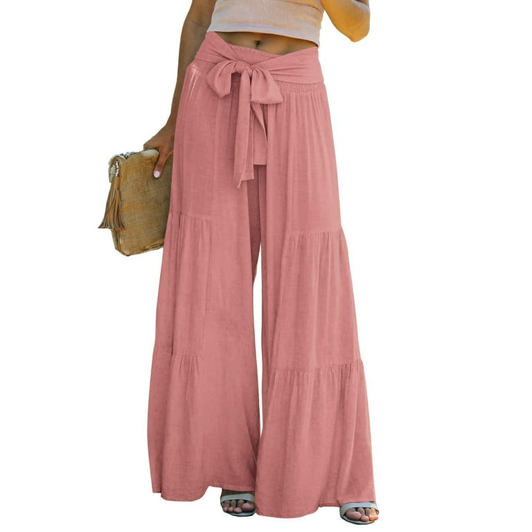 Sunisery Women Wide Leg Pants High Waist Boho Pants Flowy Elastic Waist  Tiered Palazzo Pants Lounge Beach Pants Pink M