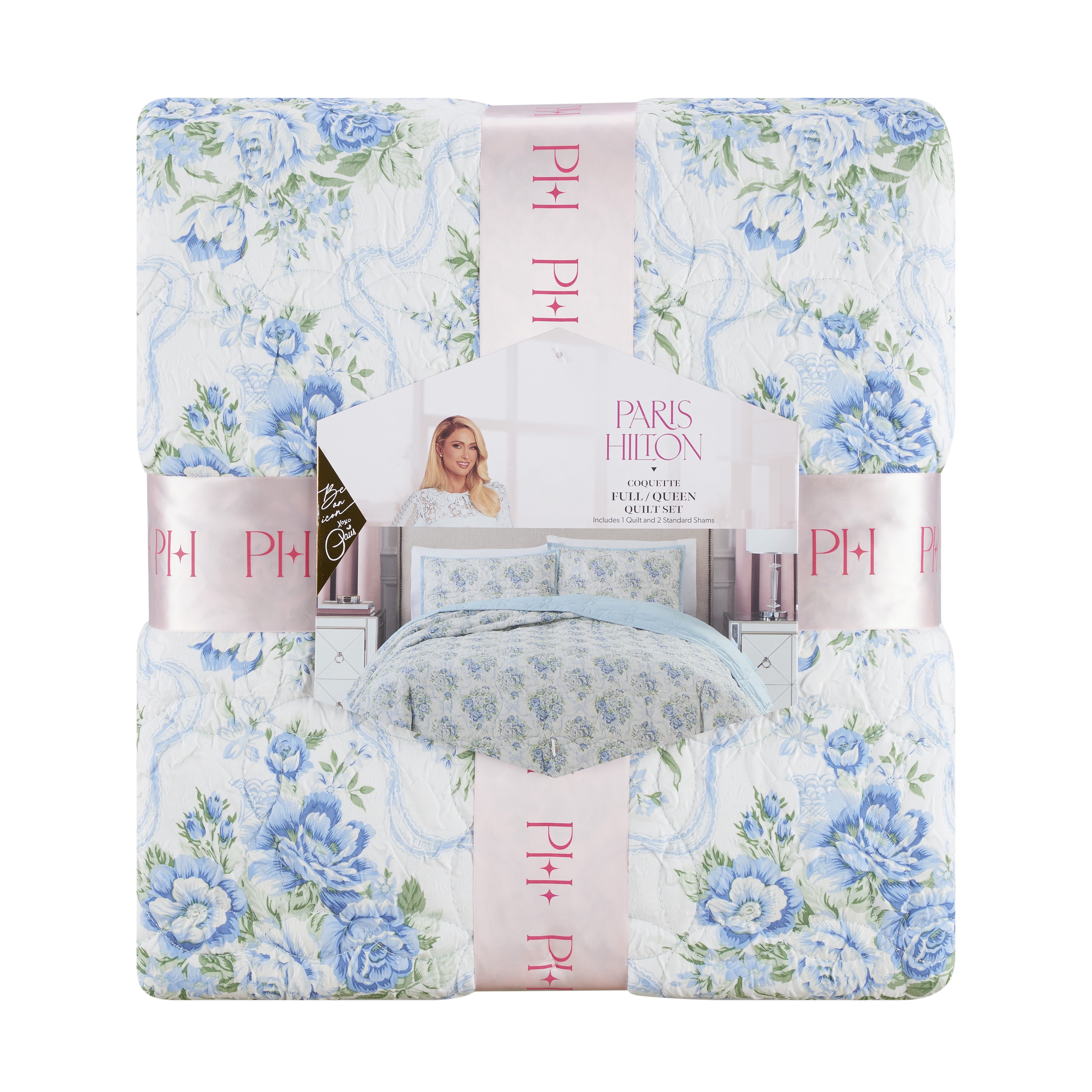 Paris Hilton Coquette Blue Floral Quilt Set, Twin, Reversible 2-Piece Bedding, Lightweight