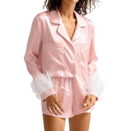 

Julam Women s Pajamas Sets Long Sleeve Satin Sleepwear Set with Shorts Feather Trim Nightwear Loungewear PJs Home Wear Clothes ( S-XL )
