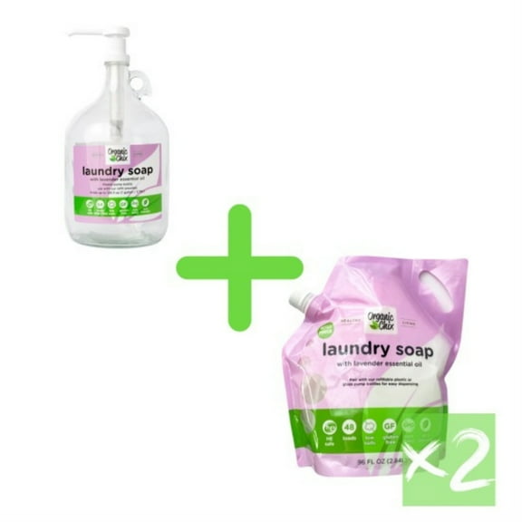 Organic Chix Laundry Soap, 96oz Spout Pack - Laundry Starter Set (2 - 96 Oz Spout Packs 1 - 1/2 Gallon Empty Reusable Glass Jug with Pump) 96 Loads