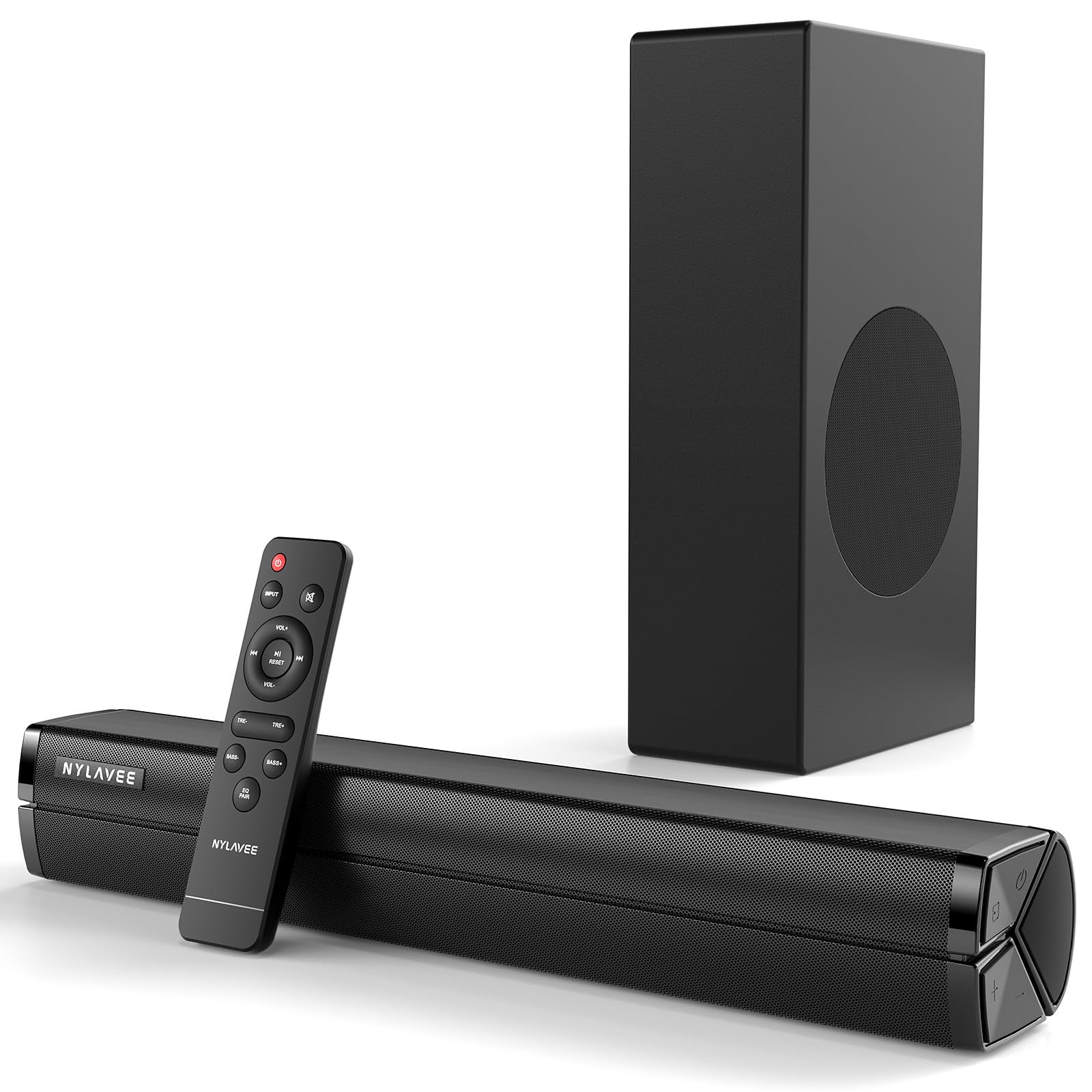 Nylavee Sound Bar - Hi-Fi Stereo Soundbar with Subwoofer, 80w Peak Power, Deep Bass Boost, 16-inch Small Bluetooth Sound Bar with HDMI-ARC, Coaxial,