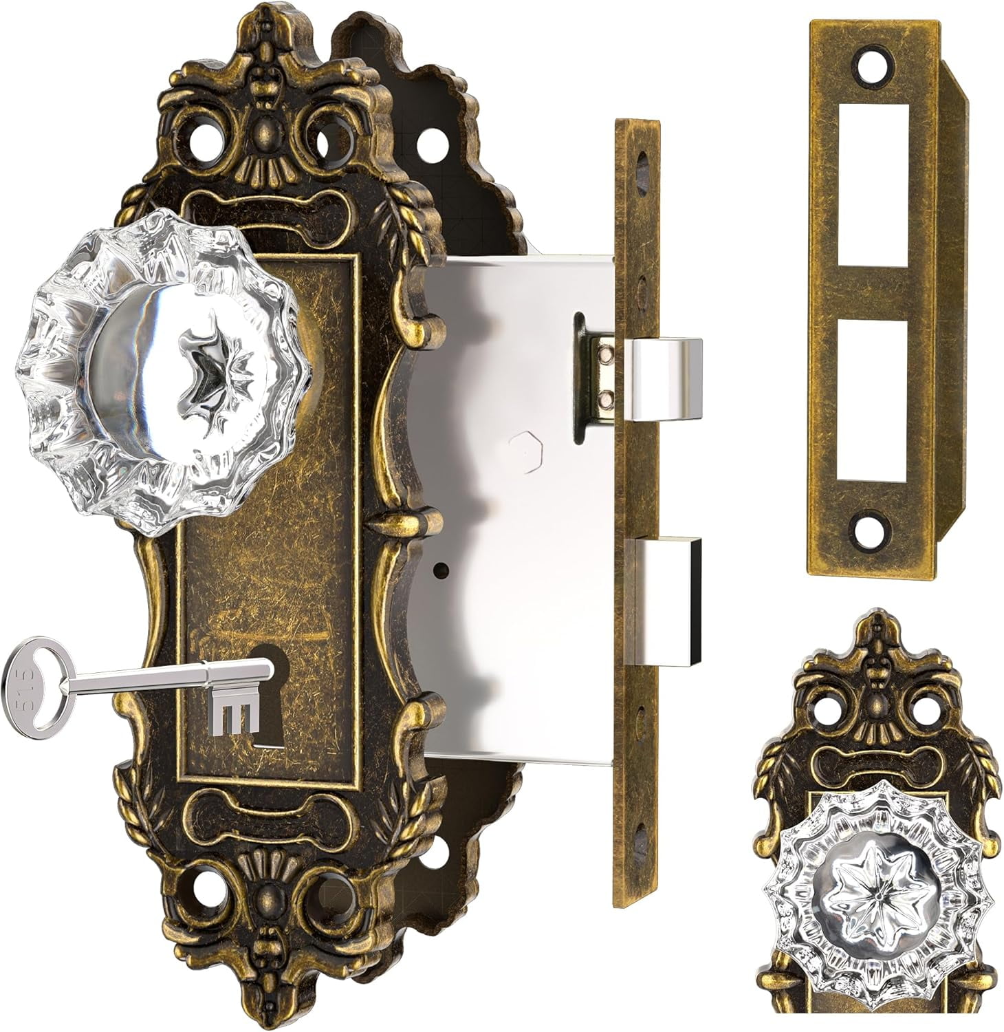 Antique Door Knobs Interior Mortise Lock Oil Rubbed Bronze Door Knob Crystal Glass Door Handle Vintage Skeleton Key Door Locks for Bedrooms Bathroom