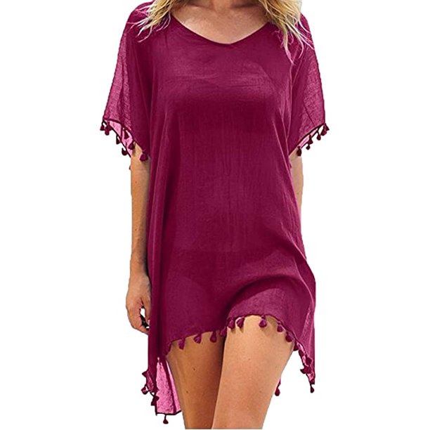 Vestido de playa para mujer vestido de verano bikini cubrir traje de baño de verano camisa larga túnica poncho de playa con flecos blusa de playa de gasa sexy para mujer JFHHH pequeña