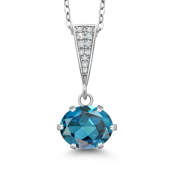 Gem Stone King 2.38 Ct Oval London Blue Topaz 925 Sterling Silver Pendant with Chain