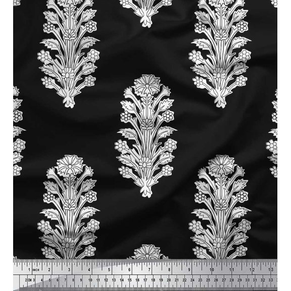 Soimoi Crepe Silk Fabric Leaves & Floral Block Print Fabric by The Yard 42 Inch Wide