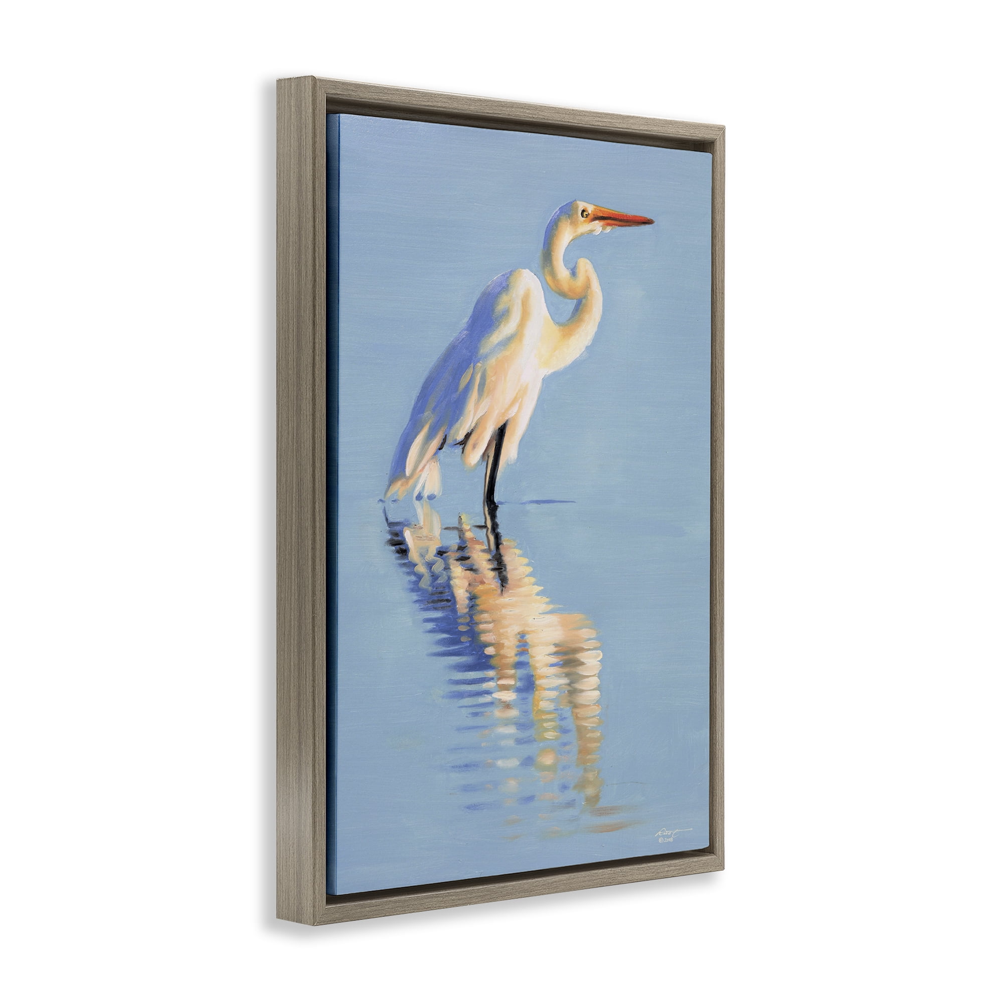 Stupell Industries Blue Egret Reflection Animals & Insects Painting Brown Floater Framed Canvas Art Print Wall Art, 21 x 31
