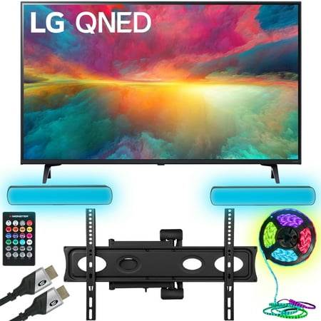 LG 75QNED75URA 75 Inch 4K HDR Smart Quantum Dot NanoCell TV (2023) Bundle with Monster TV Full Motion Wall Mount for 32"-70" with 6 Piece Sound Reactive Lighting Kit
