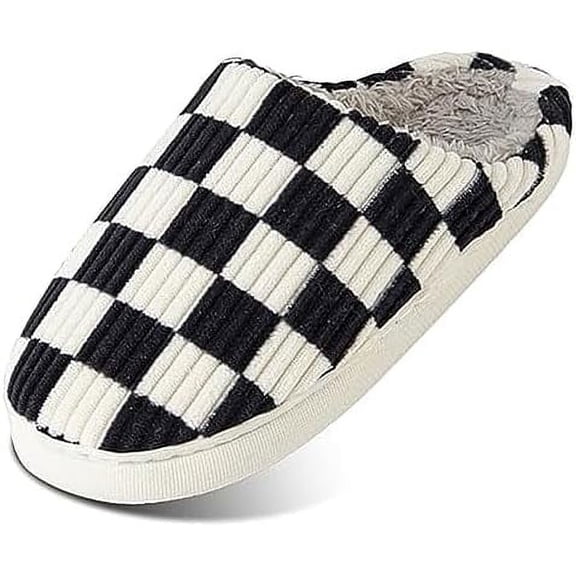 House Slippers for Women Men,Plush House Shoes Memory Foam Checkered Slippers Womens Casual Fuzzy Bedroom Indoor Outdoor Plaid Shoes with Fur Lining