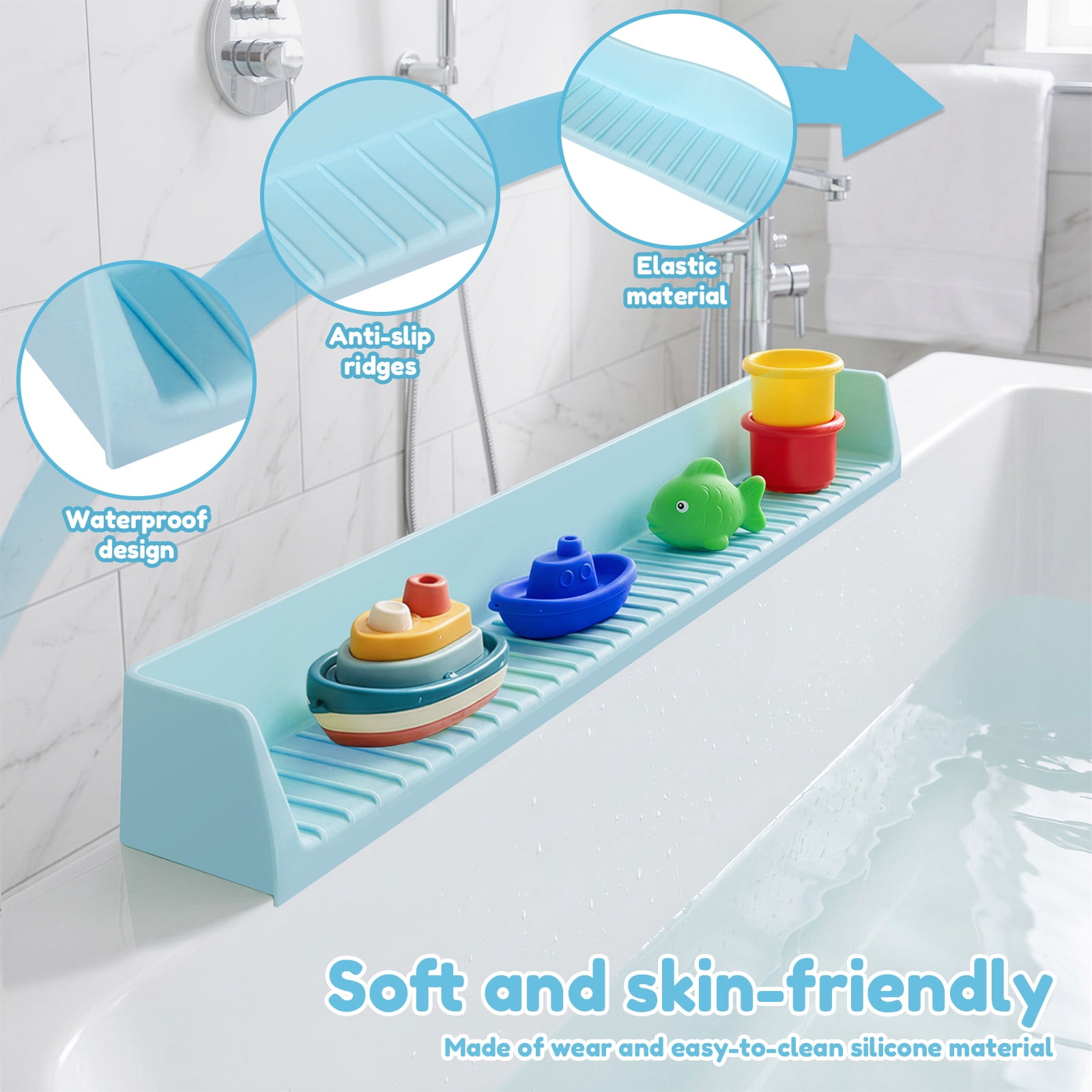 Ikoopy Splash Guard for Bathtub Kids Silicone Bathtub Sky Blue Splash Guard with Suction Cups Bath Tub Play Shelf for Kids and Toy Holder Avoid Water Spill in Bathroom Fun Bath Time for Toddler Baby