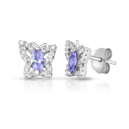 Tilo Jewelry 925 Sterling Silver Butterfly Halo CZ Birthstone Pink Stud Earrings | Secure Push-Backs | June-Alexandrite | Women & Unisex