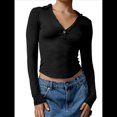 thumbnail image 1 of Camisetas Henley de Larga para Mujer, -Otoño 2025, de Punto Acanalado con Botones, Corte Entallado, Blusas Básicas Informales. Negro M, 1 of 7
