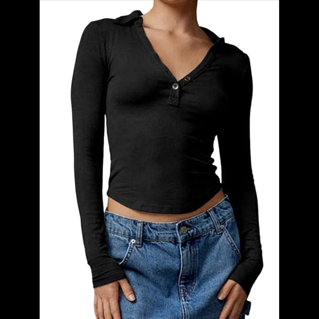 Camisetas Henley de Larga para Mujer, -Otoño 2025, de Punto Acanalado con Botones, Corte Entallado, Blusas Básicas Informales. Negro M