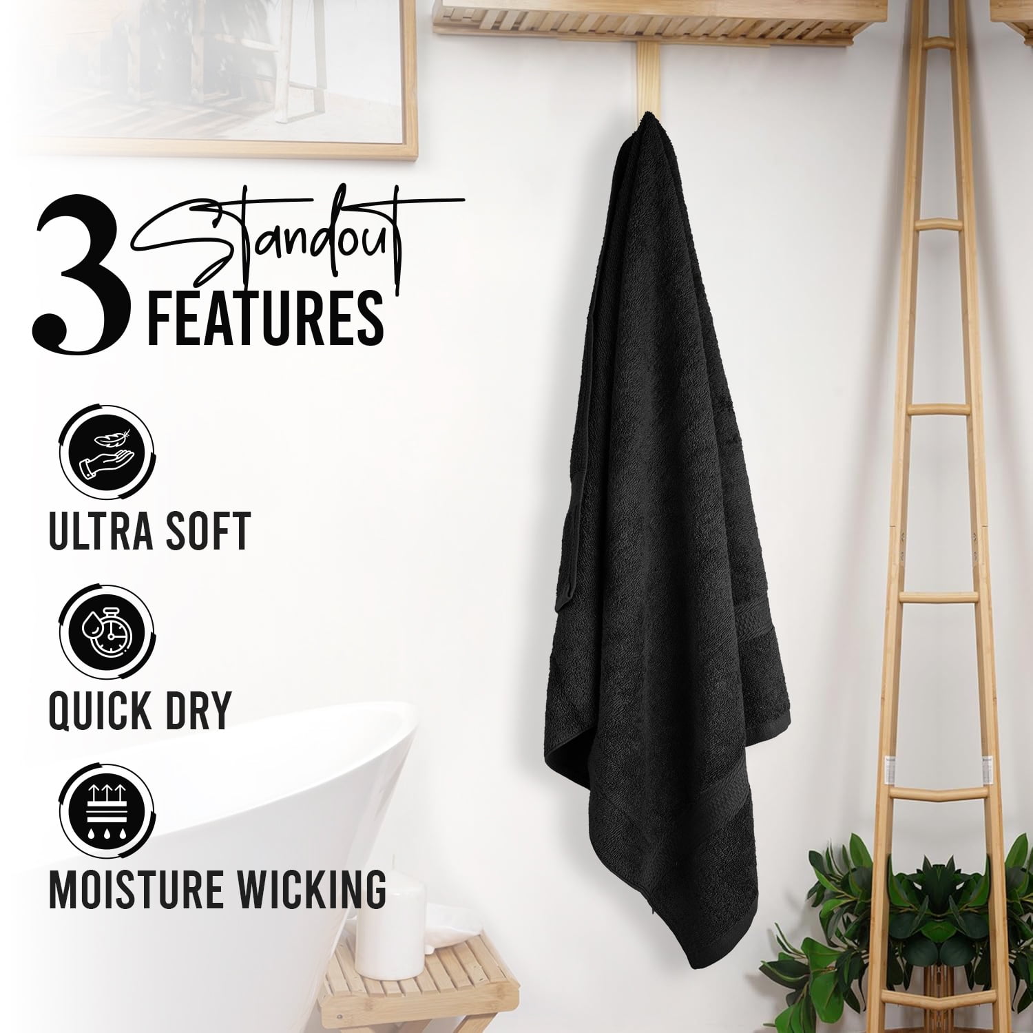 Dan River Bath Towel 4 Pack 27x54 in Ultra Soft Quick Drying Cotton Towel - Black