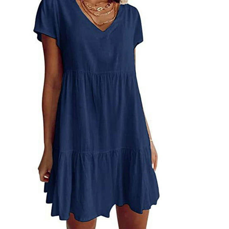Bigersell Nursing Dress Women's Summer Casual V-Neck Short Sleeve Folding  Solid Dresses Tulle Dress Women Fit & Flare Dresses, Style 32421, Dark Blue  L - Walmart.com