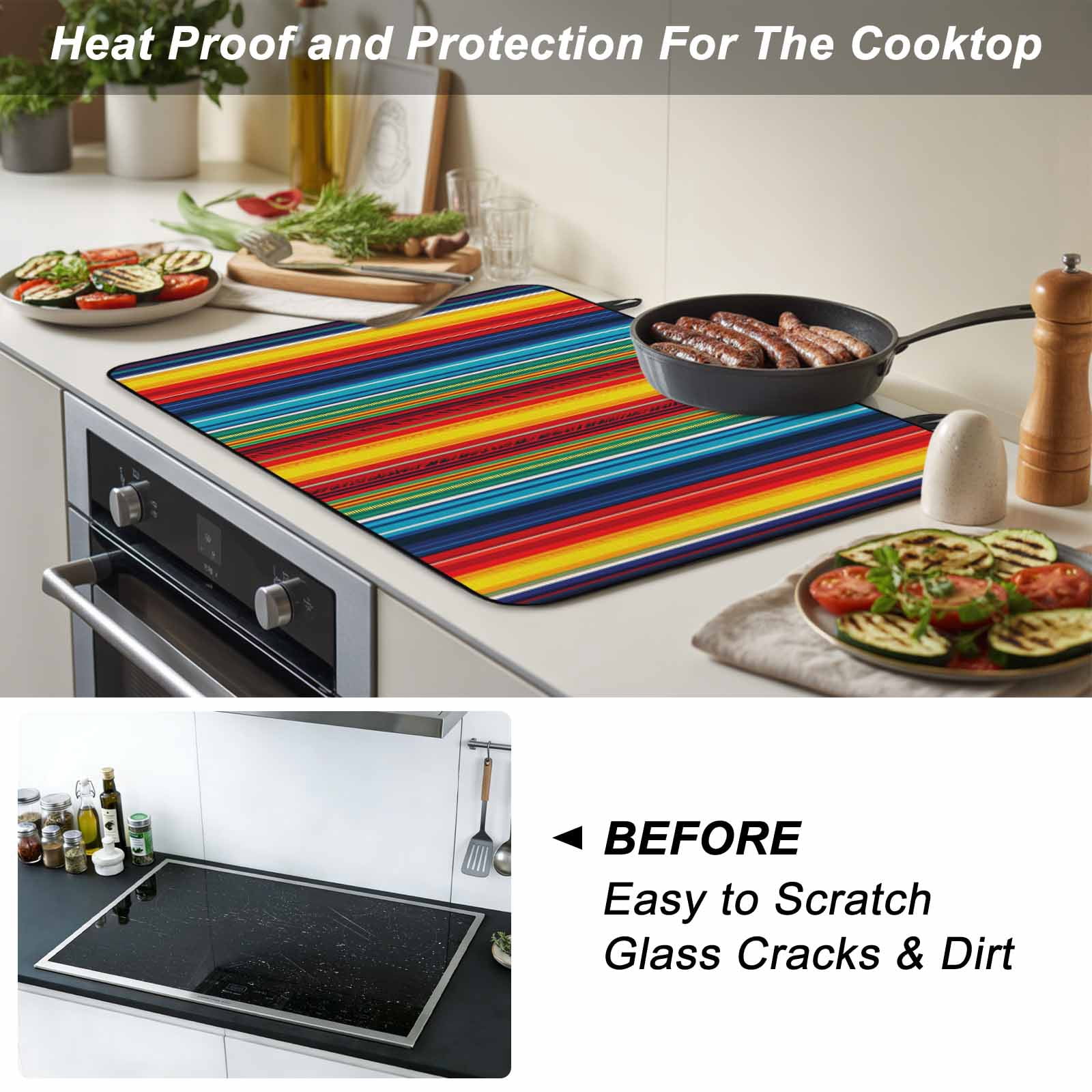 Abstract Vertical Striped Stove Top Cover for Electric Stove, Heat-proof & Non Slip Glass Top Stove Cover Protector, Colorful Rainbow Stripes Retro Kitchen Flat Cooktop Rubber Mat 24x21 Inches