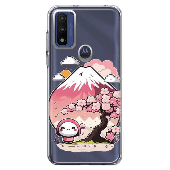 MUNDAZE Motorola Moto G Pure G Power 2022 Shockproof Clear Hybrid Protective Phone Case Kawaii Manga Pink Cherry Blossom Fuji Mountain Mochi Girl Cover