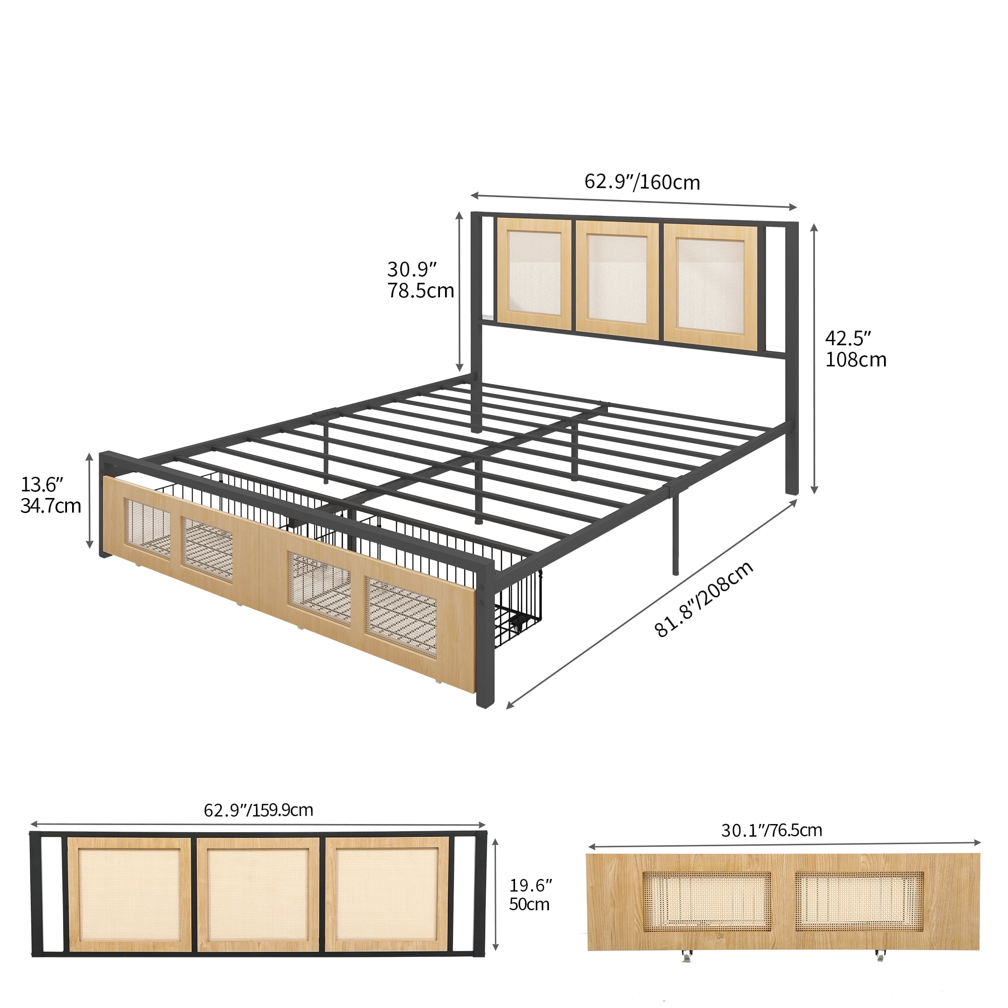 Dextrus Boho King Size Bed Frame with Hand-Woven Rattan Design, No Box Spring Required