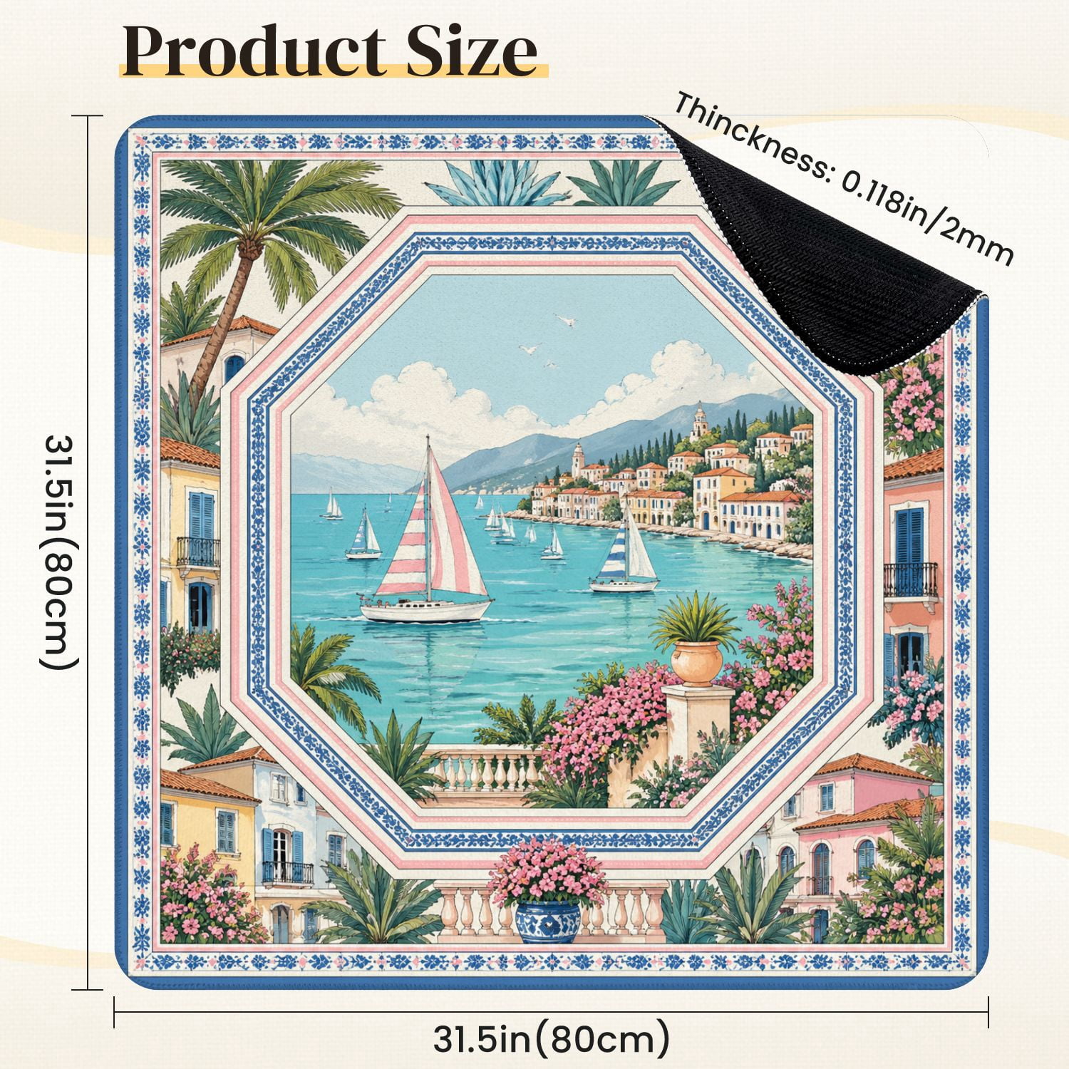 Mahjong Mat 31.5" x 31.5" Mediterranean Coastal Village Sailboats Palm Trees Colorful Villas Non-Slip Noise Reduction Mahjong Tiles Table Cover for Dominoes Poker Card Board and Tile Games