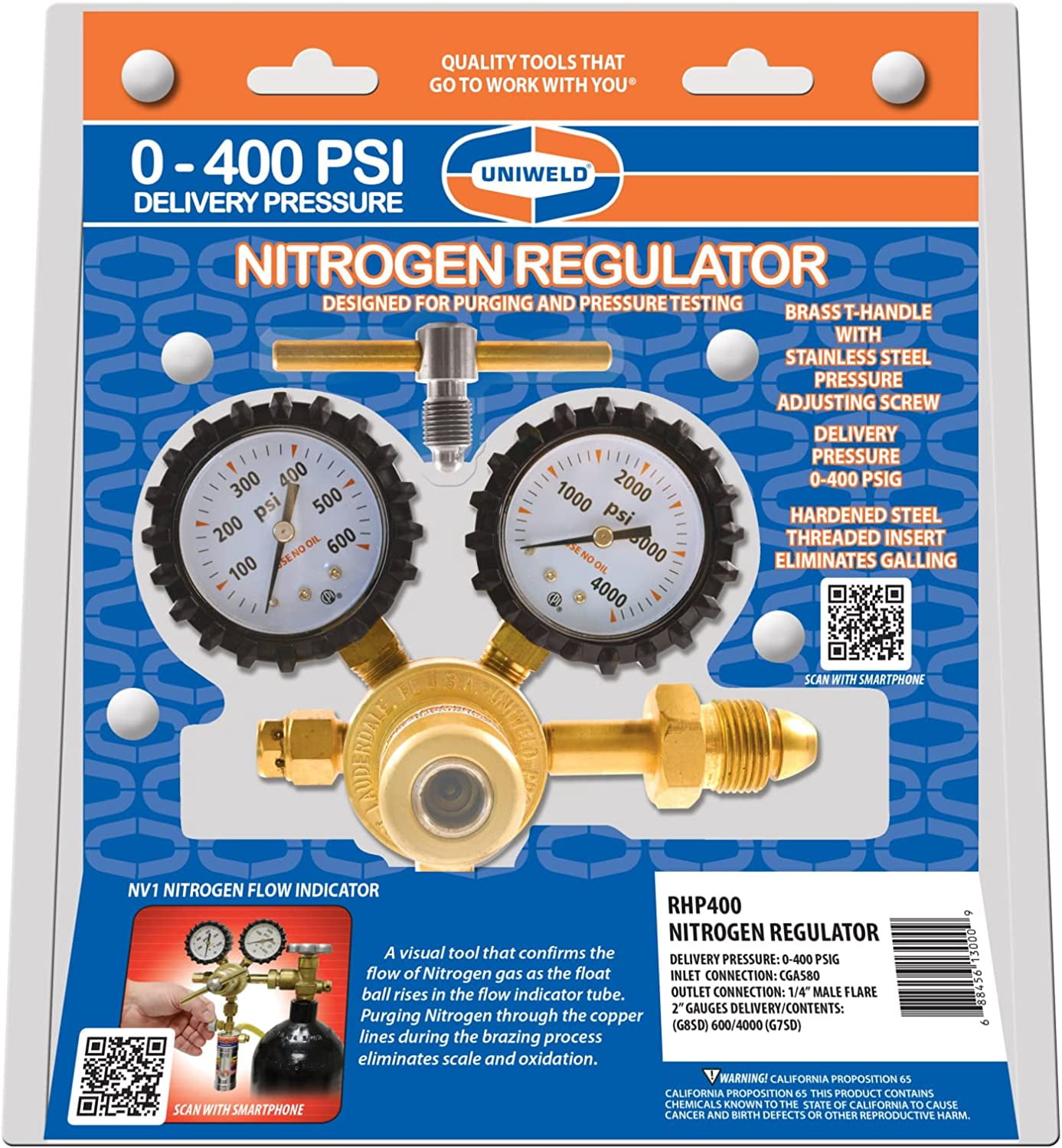 Uniweld RHP400 Nitrogen Regulator with 0-400 PSI Delivery Pressure, CGA580 Inlet Connection and 1/4-Inch Male Flare Outlet Connection