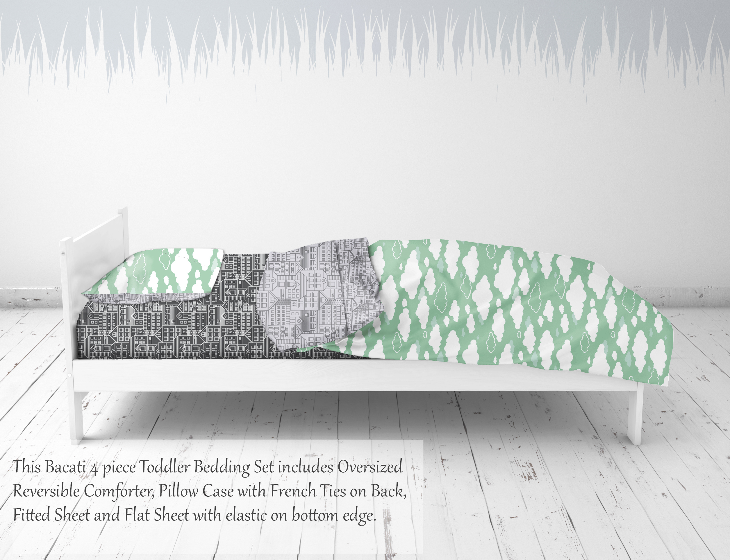 Bacati - Clouds in the City Mint//Grey 4 pc Toddler Bedding Set