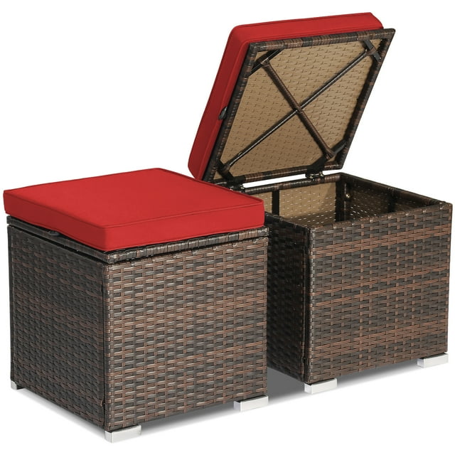 Costway 2PCS Patio Rattan Ottomans Seat Side Table Storage Box Footstool with Cushions Red