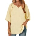 thumbnail image 3 of Sentmoon Hauts Basiques pour Femmes Blouses Haut à Col en V pour Femmes Haut en Lin pour Femmes avec Encolure Rassemblée Décontracté pour Voyage & Vacances Jaune m, 3 of 9