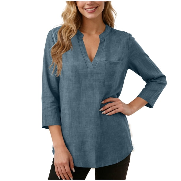 Tops de Manga Larga de las Mujeres Casual Color Sólido V Cuello Tres Cuartos de Manga Blusa Suave