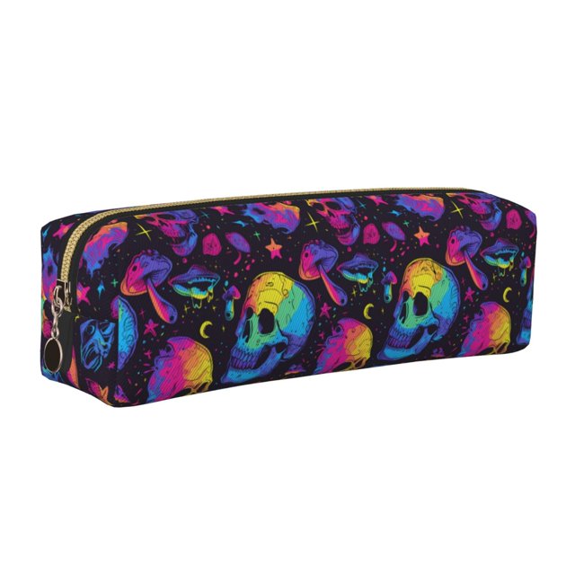 Easygdp mushroom rainbow color Skull para Estuche de Lápices de Cuero, Estuche de Papelería de Cuero, Estuche de Gran Capacidad con Cremallera