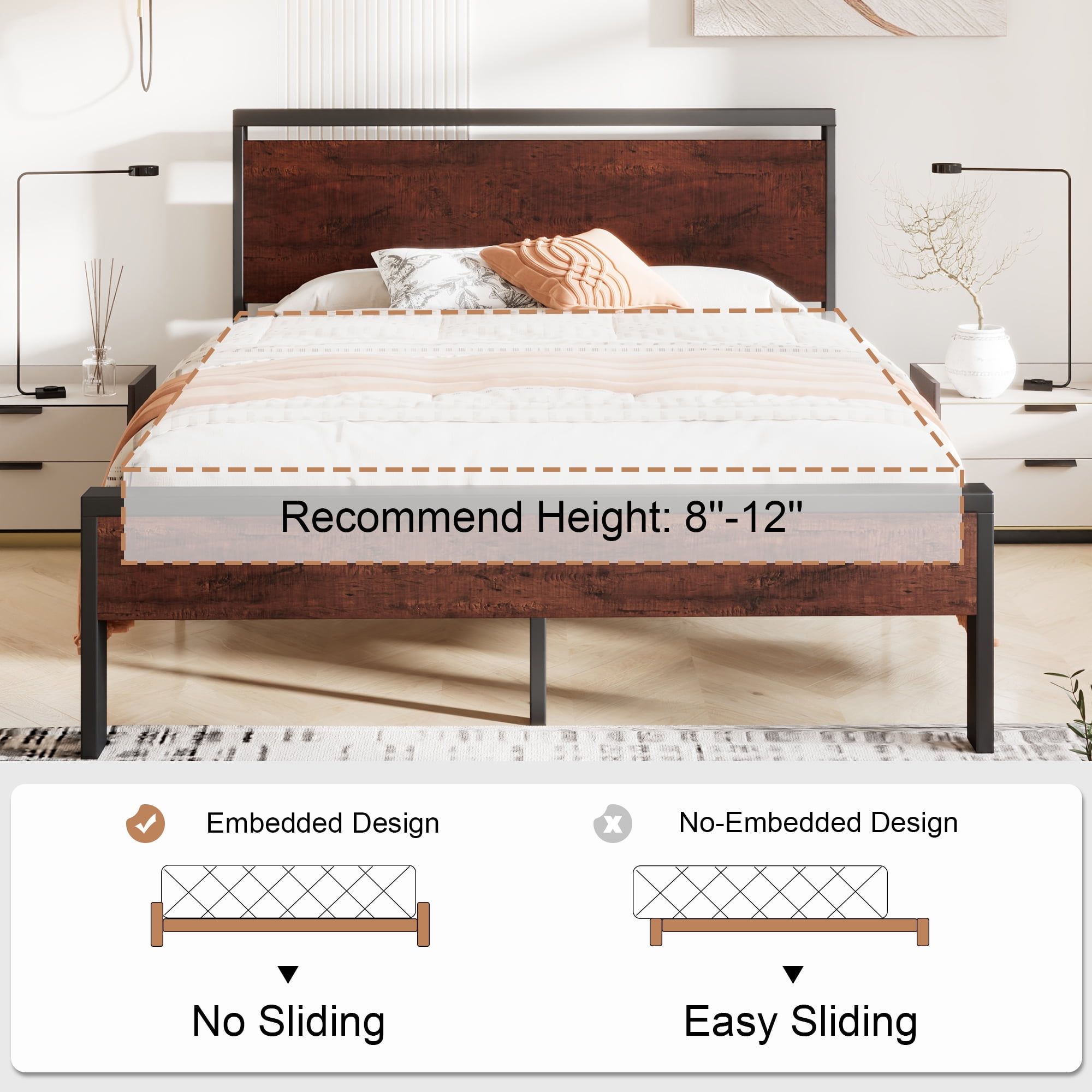 Sha Cerlin Walnut Queen Size Metal Platform Bed Frame with Wooden Headboard & Underbed Storage, Adult