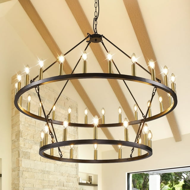 LovingAHome Farmhouse 47.2" 2 Layer 36-Light Large Black Wagon Wheel Chandelier for Porch, Dining Room, Living Room, and High Ceilings,Black Gold