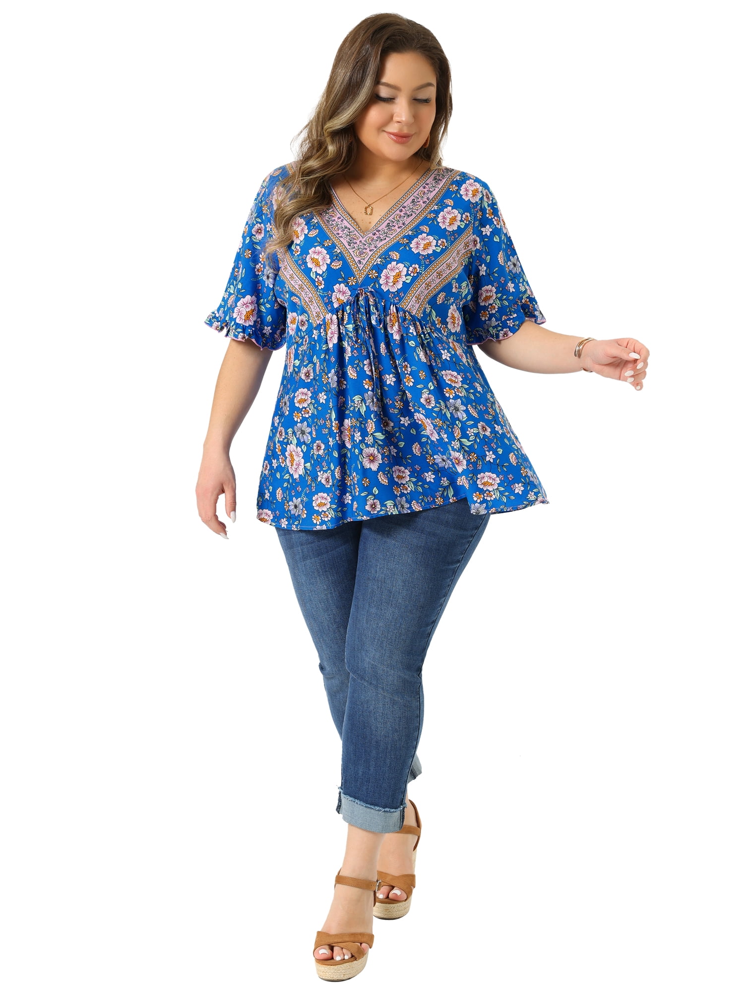 DARING DIVA Women's Plus Floral Print V Neck Boho Casual Loose Blouse 2X Blue