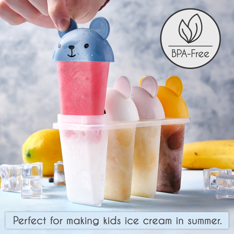 Popsicle Molds Set of 4 Resuable Ice Pop Mold DIY Homemade Ice Cream Maker  Baby Kid Infant W/Drip Catcher Healthy Fruit Snack with Cartoon Cone-Shaped  Holder(Blue) 