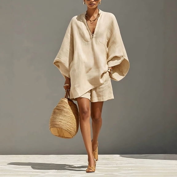 Morttic Women's Solid Color Batwing Sleeve 2 Piece Set – V-Neck Top & Loose Shorts with Pockets Casual Summer Outfit Apricot,S