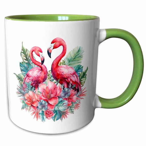 3drose, Two Pink Flamingos in a Tropical Floral Illustration, 11oz Two-tone Green Mug