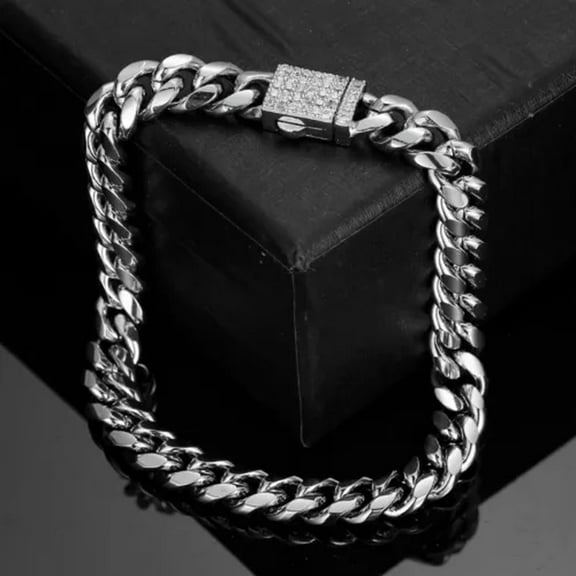 EOEMY 6-14mm New Men Women Miami Cuban Curb Link Chain Bracelet Solid Stainless Steel-Silver-8mm-7Inch Or 17.8Cm