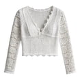 thumbnail image 4 of Wang6 Women's Long Sleeve Cropped T Shirts Trendy Lace Deep V Neck Slim Fit Tops Fall Solid Going out Tees Shirt 0629LiWhite XS, 4 of 4