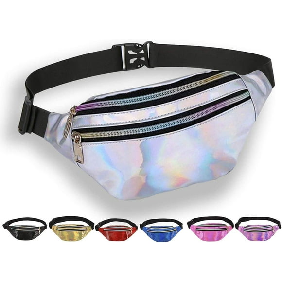 Fanny Pack for Women Kids, Waterproof Rave Waist Bag with Adjustable Belt and 3 Pouches, Sliver