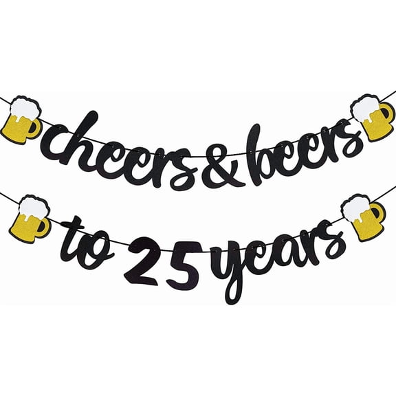 Happy 25th Birthday Decorations for Men Women - Cheers to 25 Years Banner Pre-Strung 25th Beer Birthday Party Decorations (Black Gold)