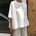 thumbnail image 1 of QLEICOM Womens Plus Size Summer Tops, Casual Loose Tops, Fashion Soild Cotton And Linen Patchwork T Shirts, O-Neck Short Sleeve Fitting Tops Cardigan Blouse White M, 1 of 4