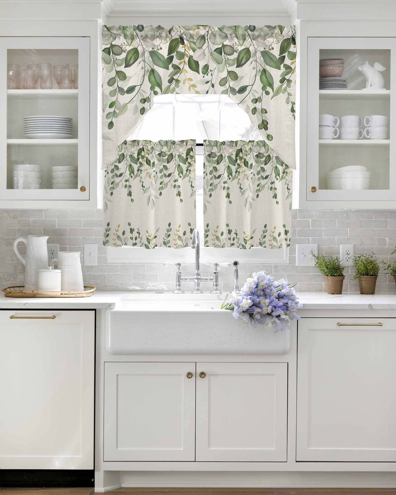 Sage Green Eucalyptus Kitchen Curtains Sets for Windows 3 Piece, Farmhouse Weeping Leaves Linen Kitchen Curtains and Valances Tier Set 36 Inch Length Swag Curtain for Living Room Cafe Bathroom