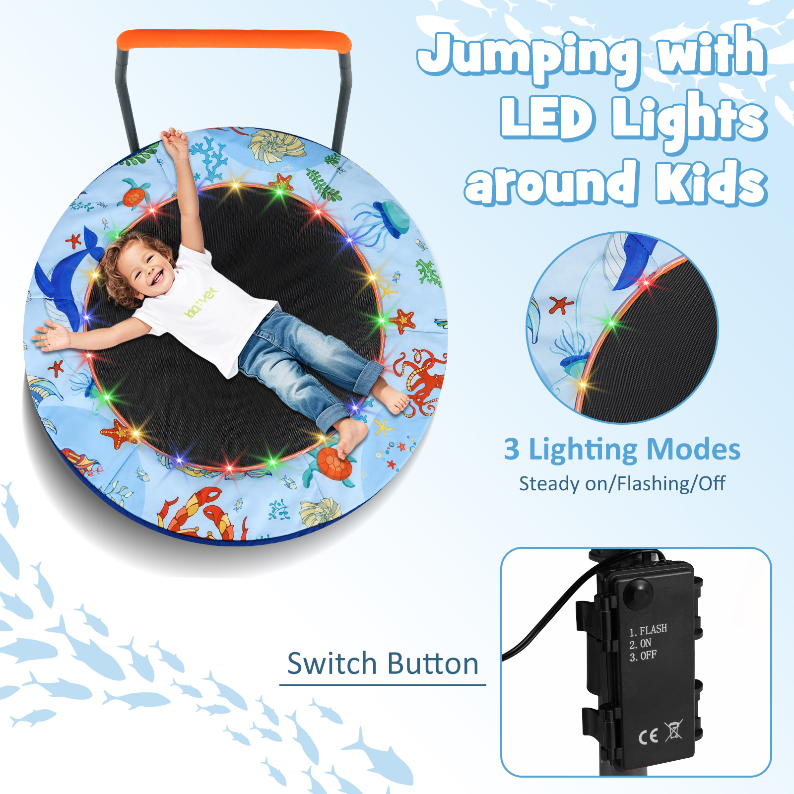 Gymax 36'' Foldable Kid Trampoline w/ 20 LED Lights Foam Handlebar Padded Safety Cover Blue