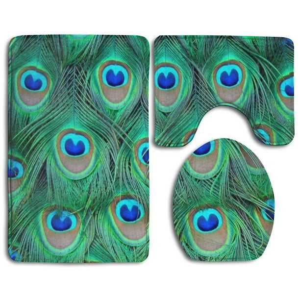 GOHAO Peacock Feather Blue 3 Piece Bathroom Rugs Set Bath Rug Contour Mat and Toilet Lid Cover