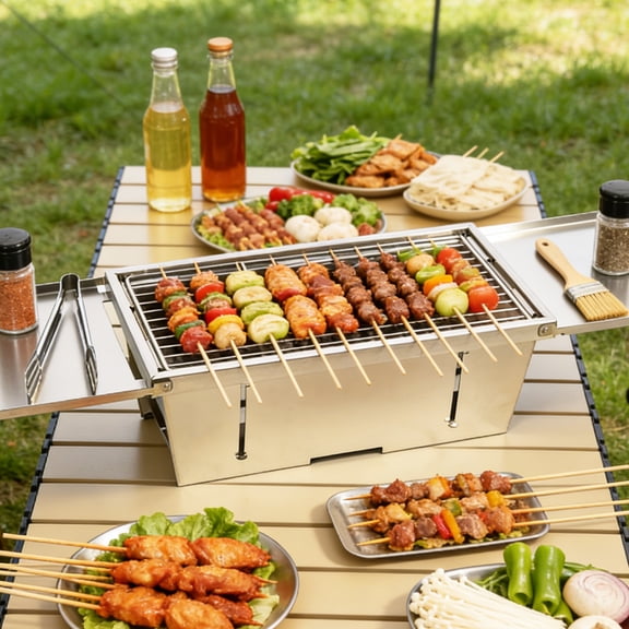 Uten Foldable Portable Charcoal Grill, Compact Stainless Steel BBQ Grill for Outdoor Picnics & Beach Parties, Easy Clean Desktop Grill for Camping & Garden, Silver