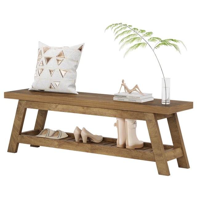 Fnova 55" Narrow 2-Tier Entryway Bench, Seating Bench with Shoe Storage Shelf, Large Wooden Shoe Rack Bench with Open Shelves for Entryway, Living Room, Bedroom, Foyer, Easy Assembly