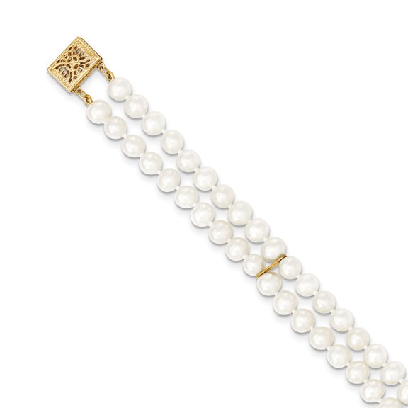 Real 14kt Yellow Gold 5-6mm White Near Round FW Cultured Pearl 2-strand Chain Bracelet; for Adults and Teens; for Women and Men